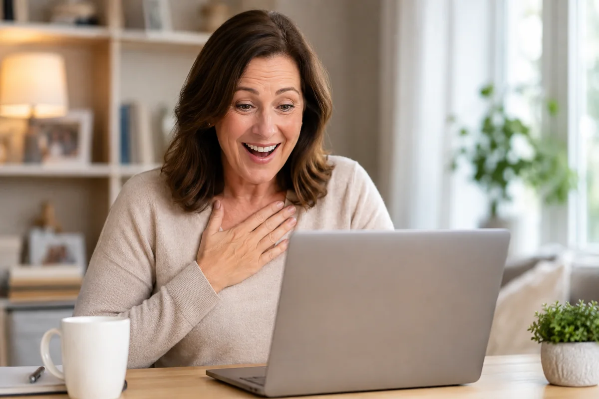 A delighted recipient reacting to a MyEMemorial gift on a laptop