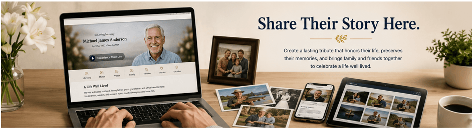 Share Their Story Here โ a MyEMemorial shown on a laptop with family photographs and digital devices.